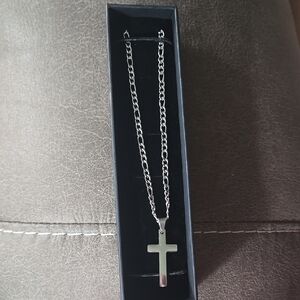 Stainless Cross Pendant On Stainless Figaro Chain Necklace.